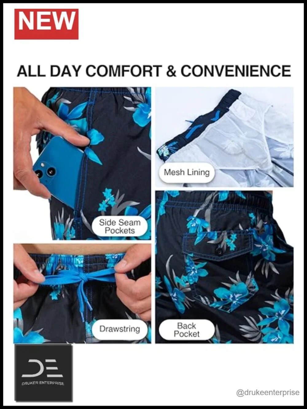 Men's Quick-Dry Swim Trunks with UPF 50+ and Pockets
